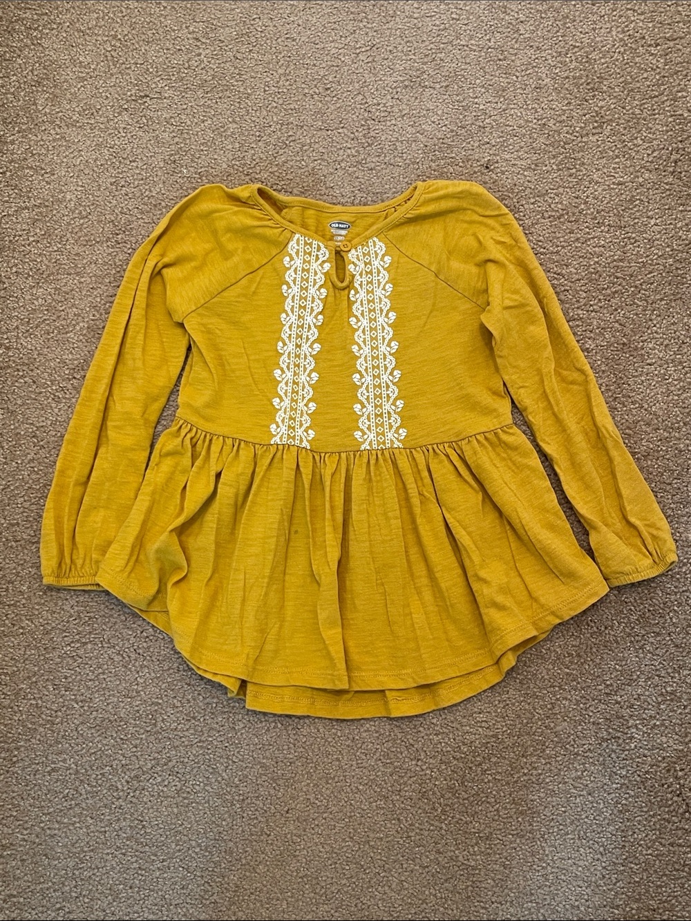 Old Navy Mustard Peplum Long-Sleeve Top with White Lace Trim